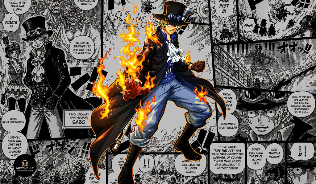 Sabo Flame Emperor One Piece TCG playmat full design, 24x14 inch premium anime playmat