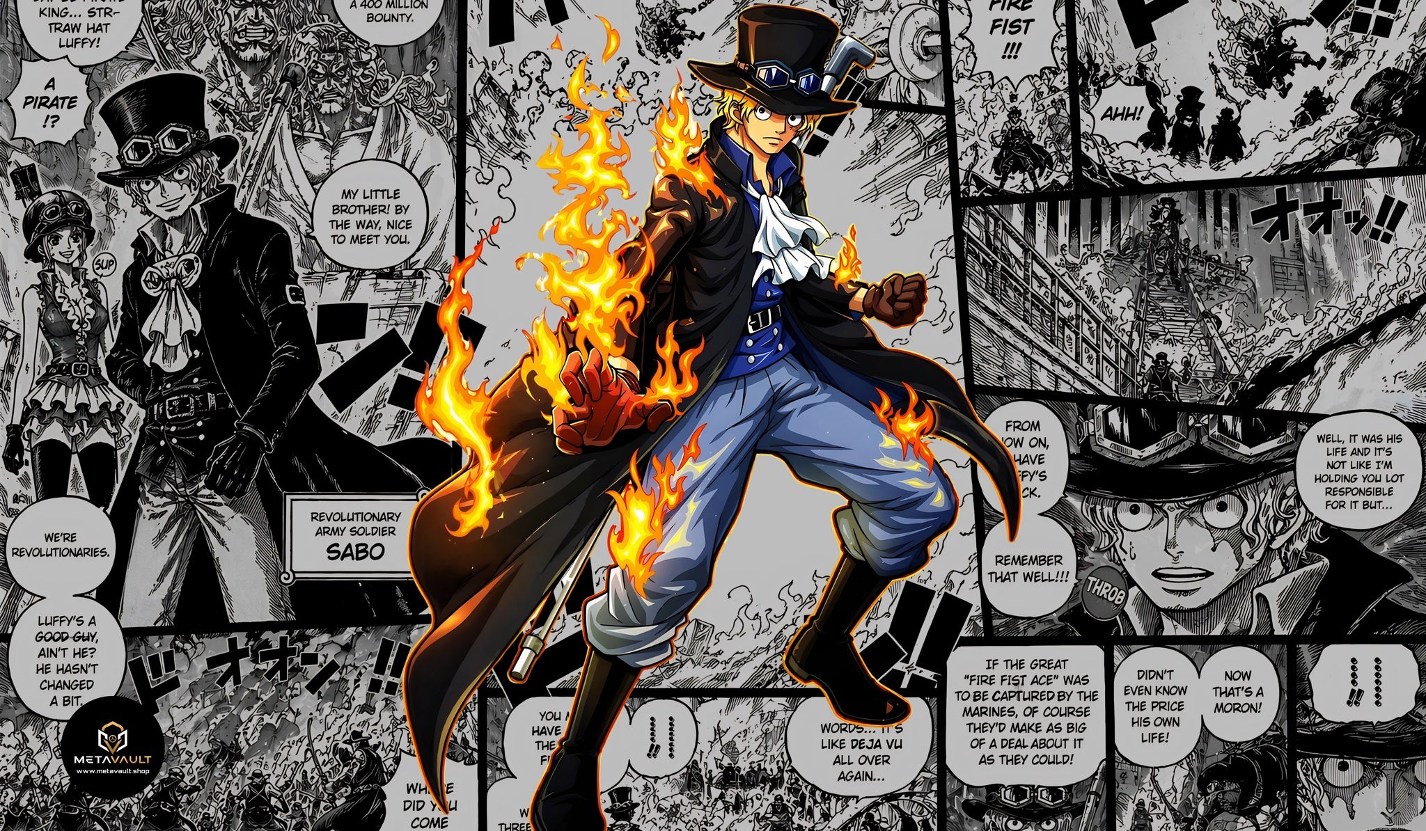 Sabo Flame Emperor One Piece TCG playmat full design, 24x14 inch premium anime playmat
