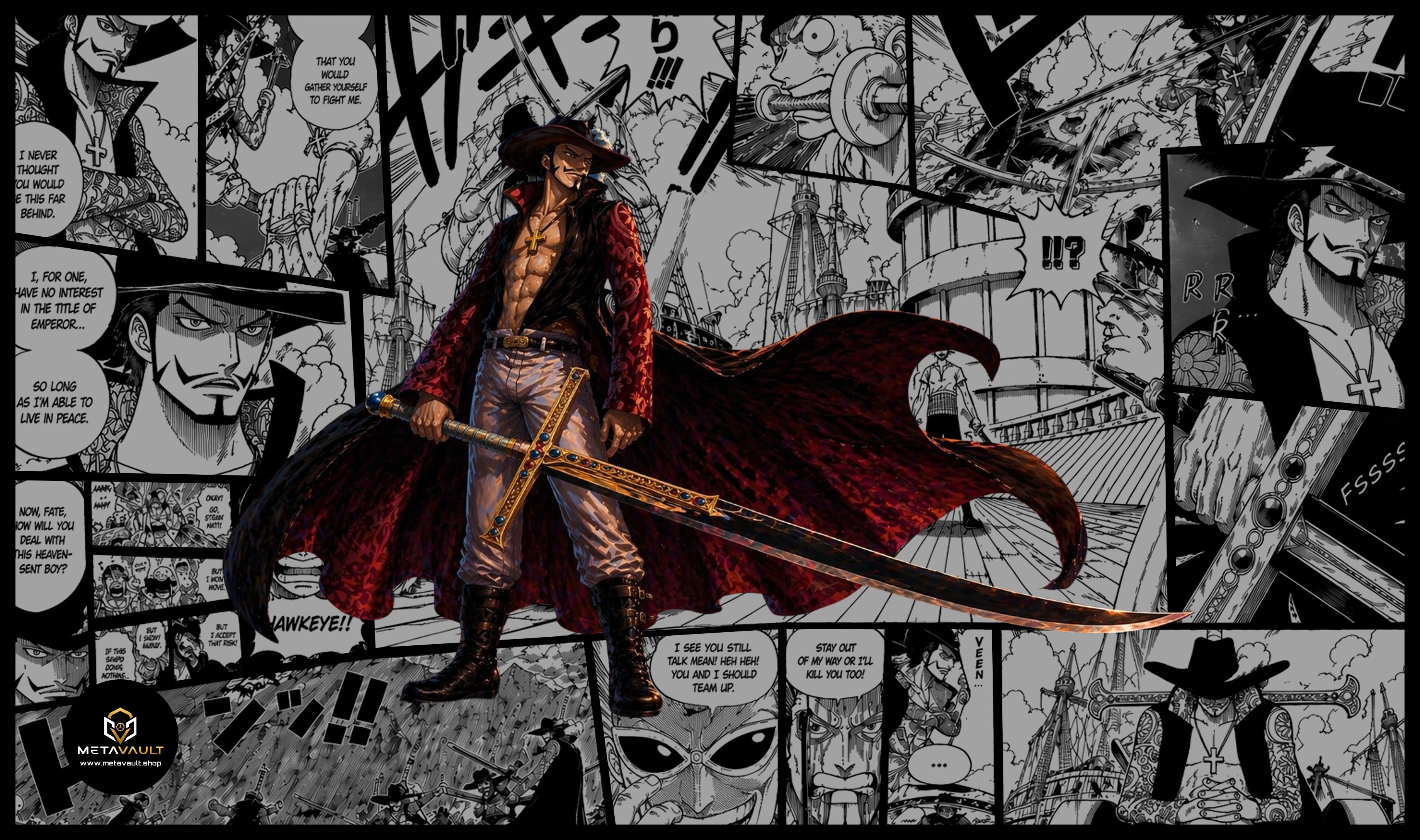 Mihawk One Piece TCG playmat full design, 24x14 inch premium anime playmat