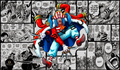 Buggy Manga Edition premium One Piece TCG playmat featuring a vibrant full-color Buggy illustration over a black-and-white manga collage background with stitched edges.