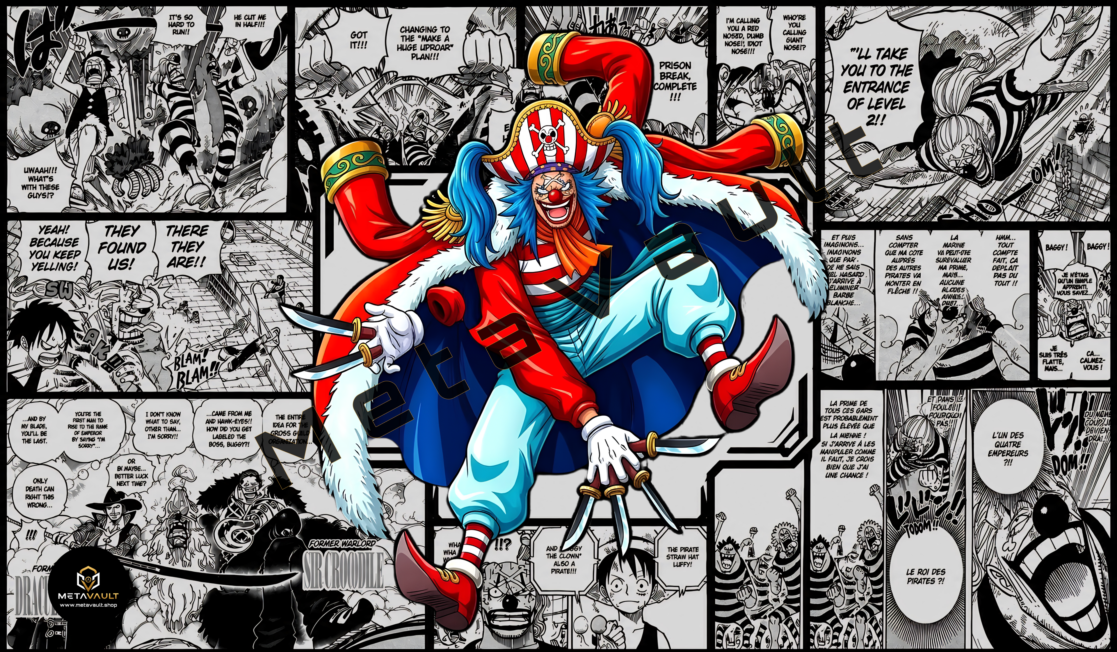 Buggy Manga Edition premium One Piece TCG playmat featuring a vibrant full-color Buggy illustration over a black-and-white manga collage background with stitched edges.