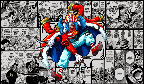 Buggy Manga Edition premium One Piece TCG playmat featuring a vibrant full-color Buggy illustration over a black-and-white manga collage background with stitched edges.