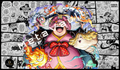 Charlotte Linlin Big Mom premium One Piece TCG playmat featuring Prometheus, Zeus, and Napoleon over a black-and-white manga collage with stitched edges.