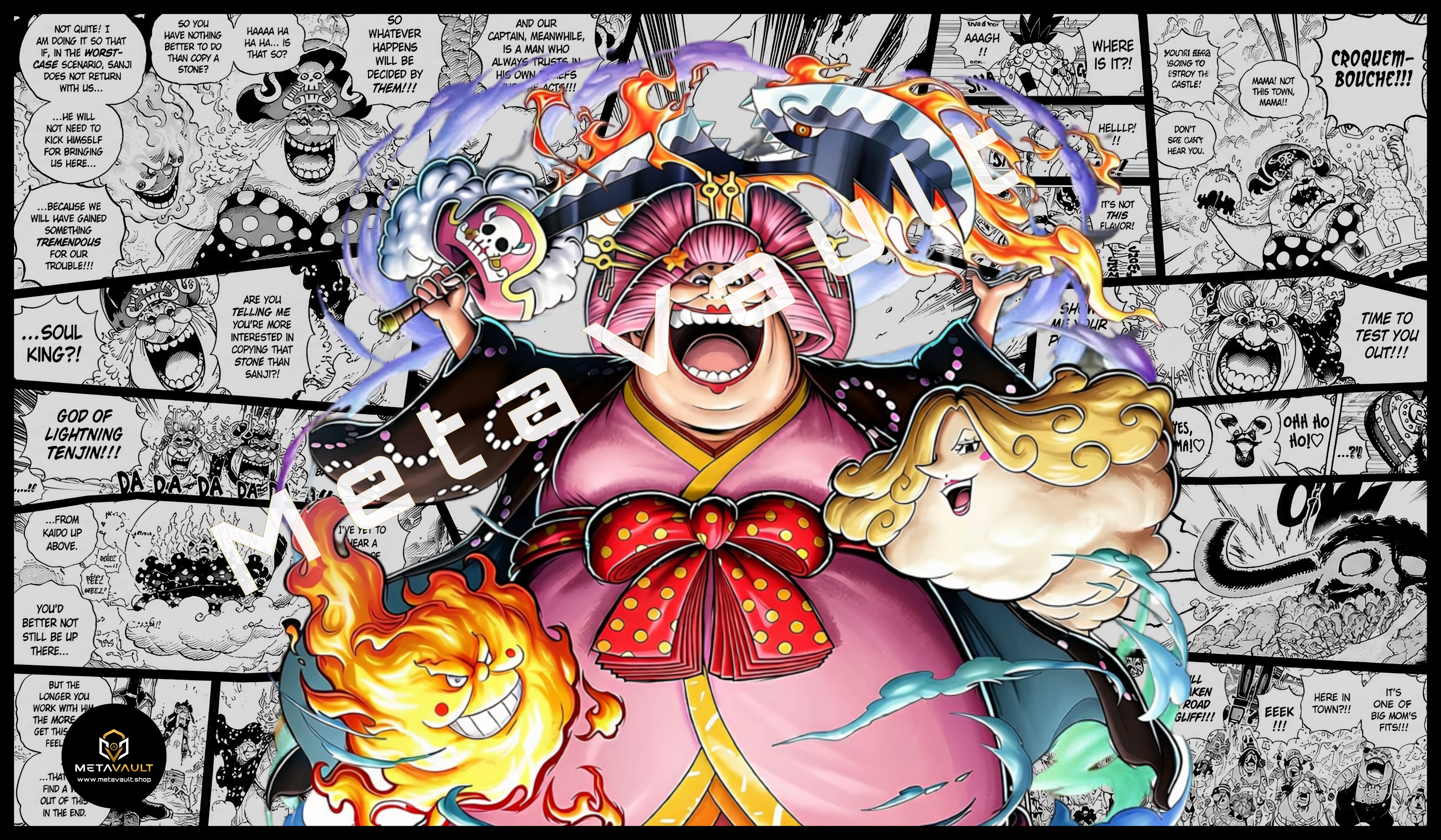 Charlotte Linlin Big Mom premium One Piece TCG playmat featuring Prometheus, Zeus, and Napoleon over a black-and-white manga collage with stitched edges.
