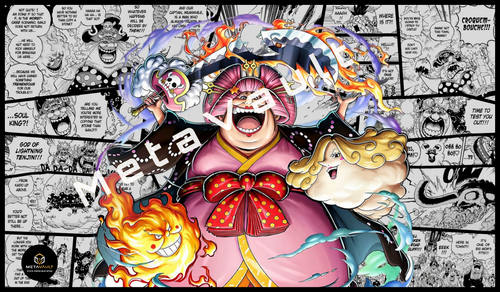 Charlotte Linlin Big Mom premium One Piece TCG playmat featuring Prometheus, Zeus, and Napoleon over a black-and-white manga collage with stitched edges.
