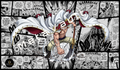 Edward Newgate Whitebeard premium One Piece TCG playmat featuring Marineford manga panels, earthquake effects, and a full-color Whitebeard illustration with stitched edges.