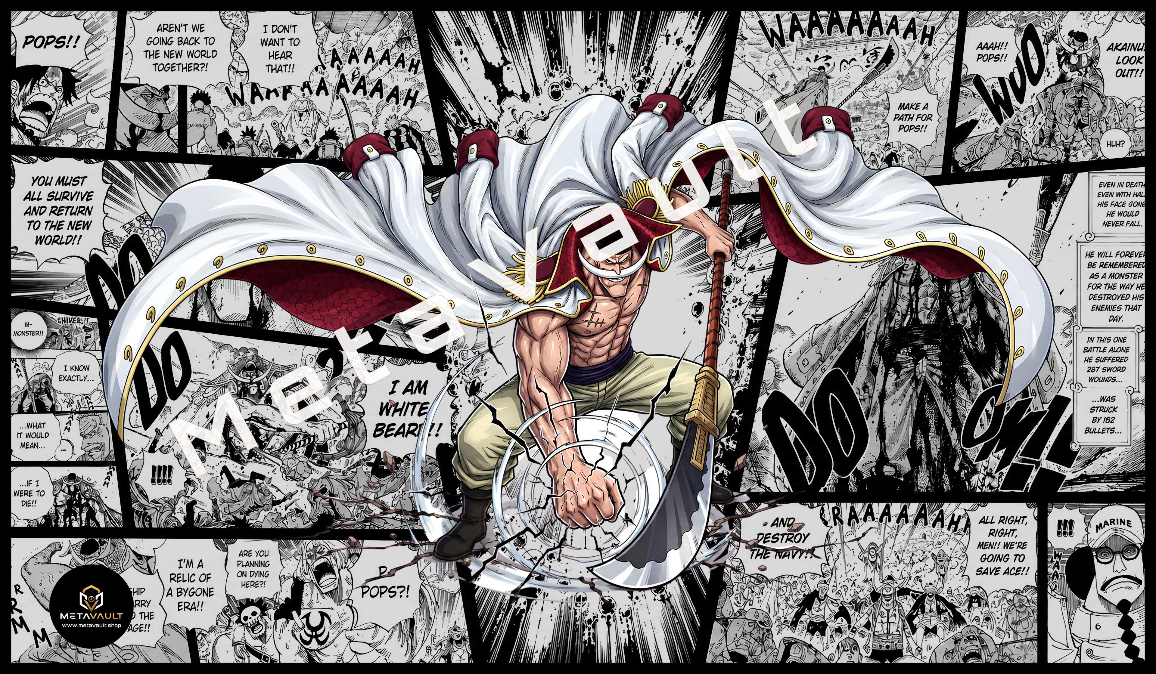 Edward Newgate Whitebeard premium One Piece TCG playmat featuring Marineford manga panels, earthquake effects, and a full-color Whitebeard illustration with stitched edges.