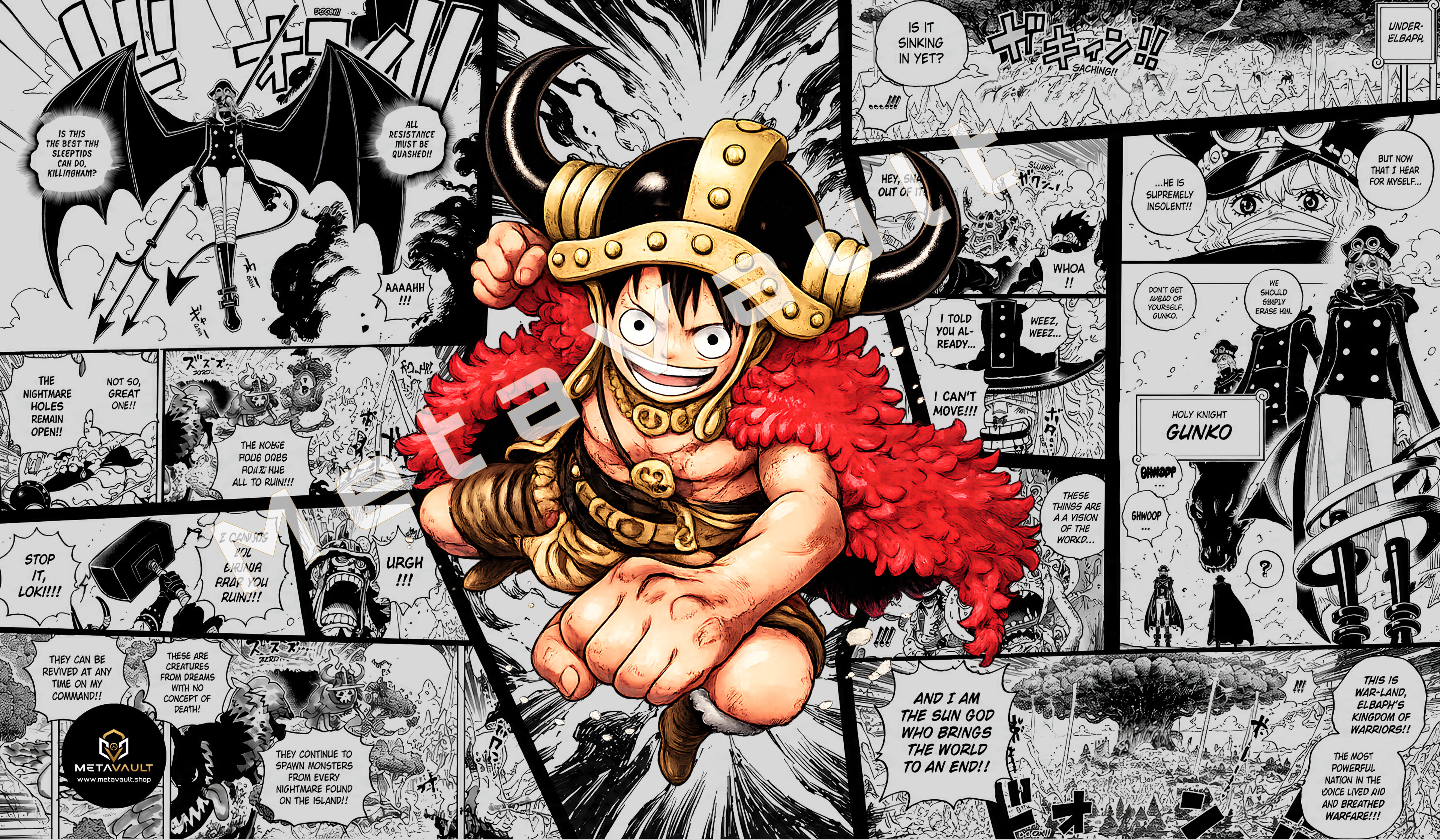 Monkey D Luffy Elbaf Manga Edition One Piece TCG playmat full design, 24x14 inch premium anime playmat