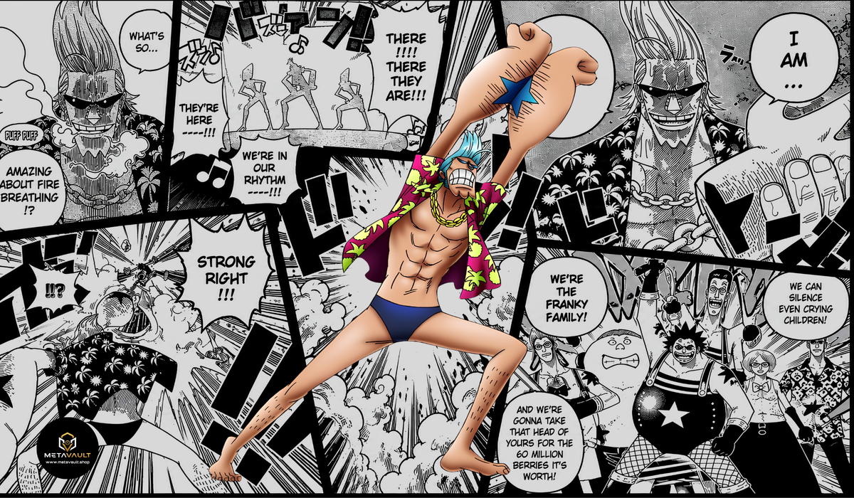 Franky Manga Edition One Piece TCG playmat by MetaVault featuring full-color Franky artwork surrounded by black-and-white manga panels.