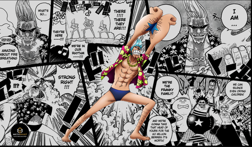 Franky Manga Edition One Piece TCG playmat by MetaVault featuring full-color Franky artwork surrounded by black-and-white manga panels.