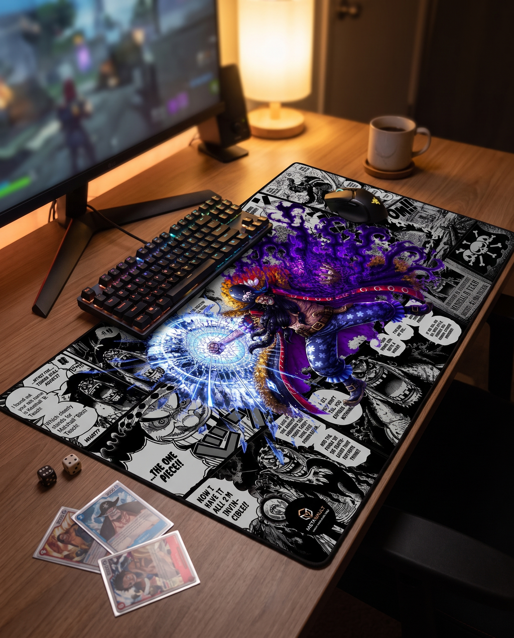 Blackbeard One Piece playmat on a gaming desk setup with keyboard and cards