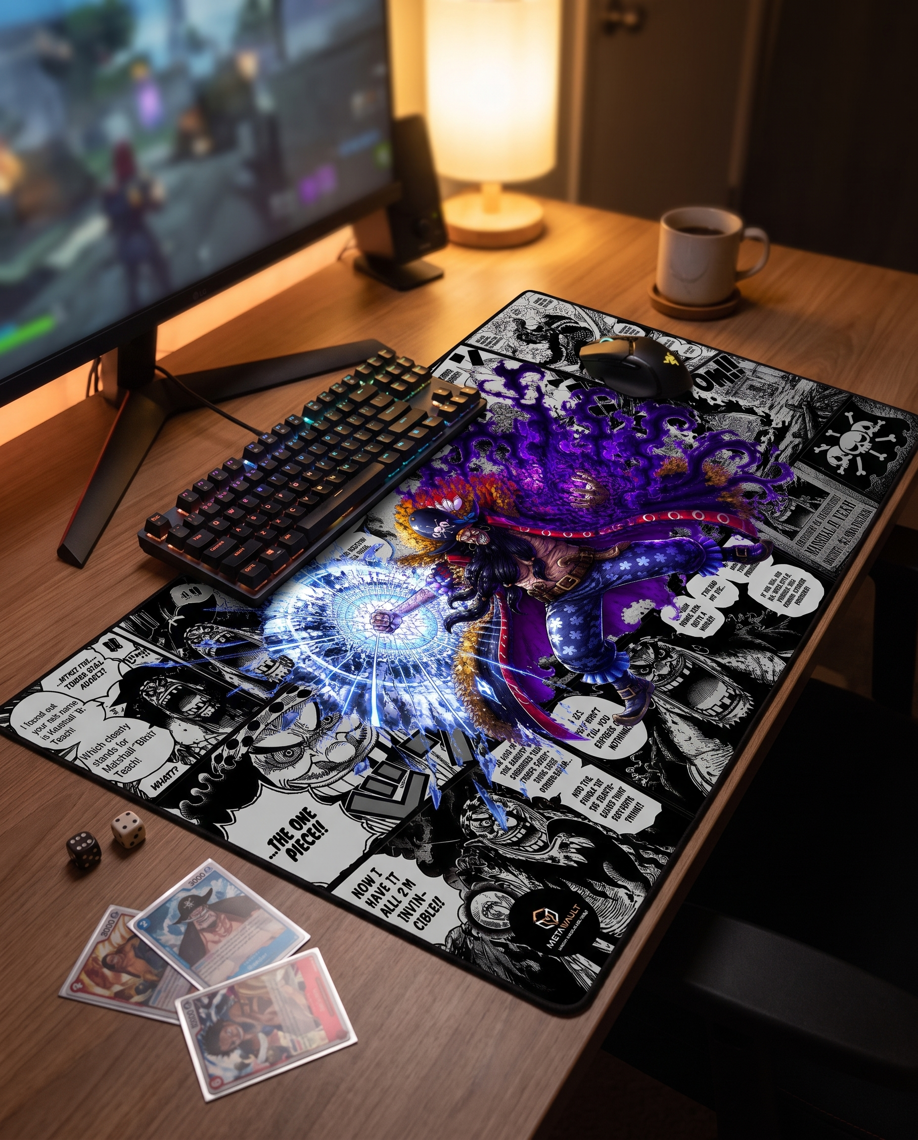 Blackbeard One Piece playmat on a gaming desk setup with keyboard and cards