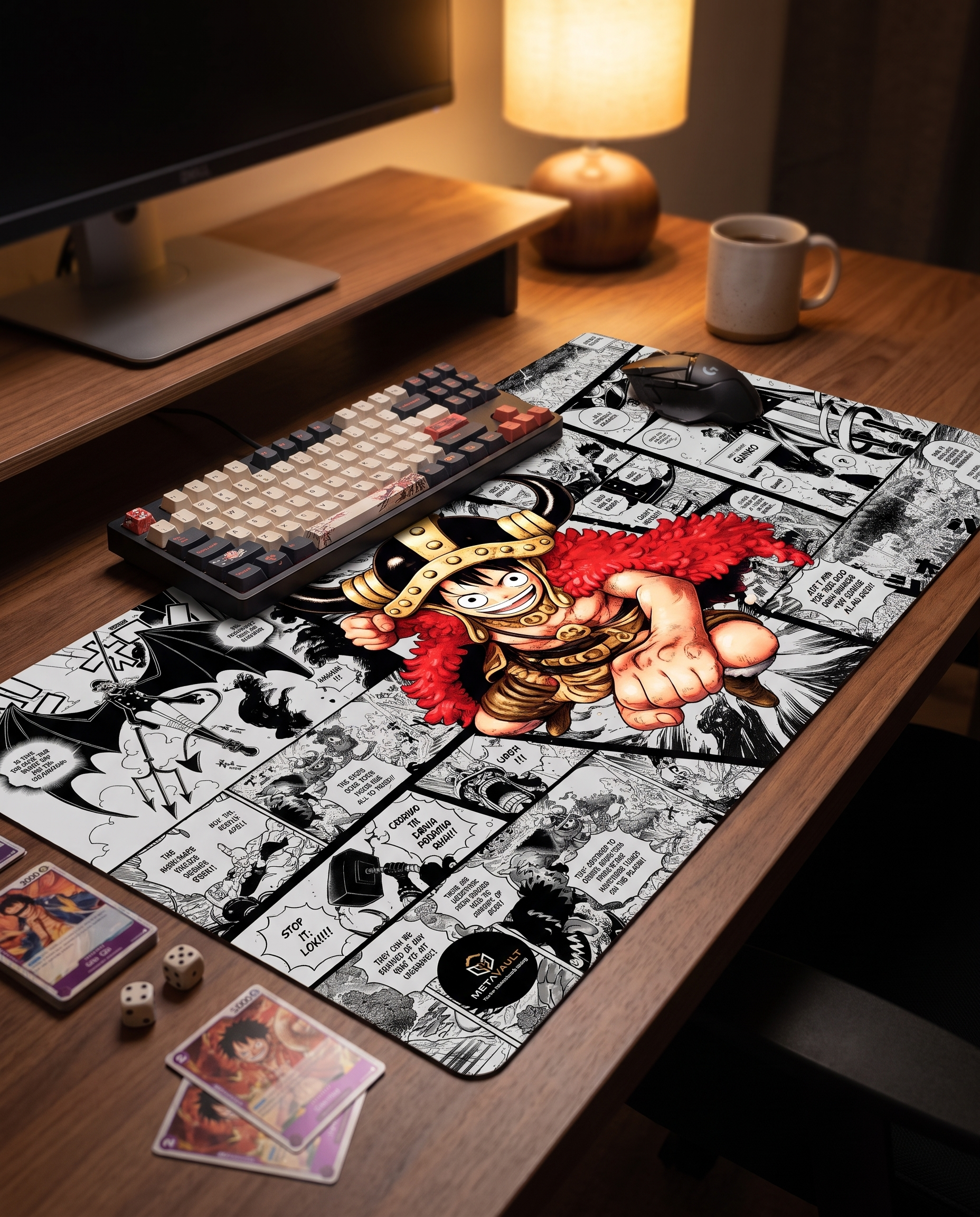 Luffy Elbaf One Piece playmat on a gaming desk setup with keyboard and cards