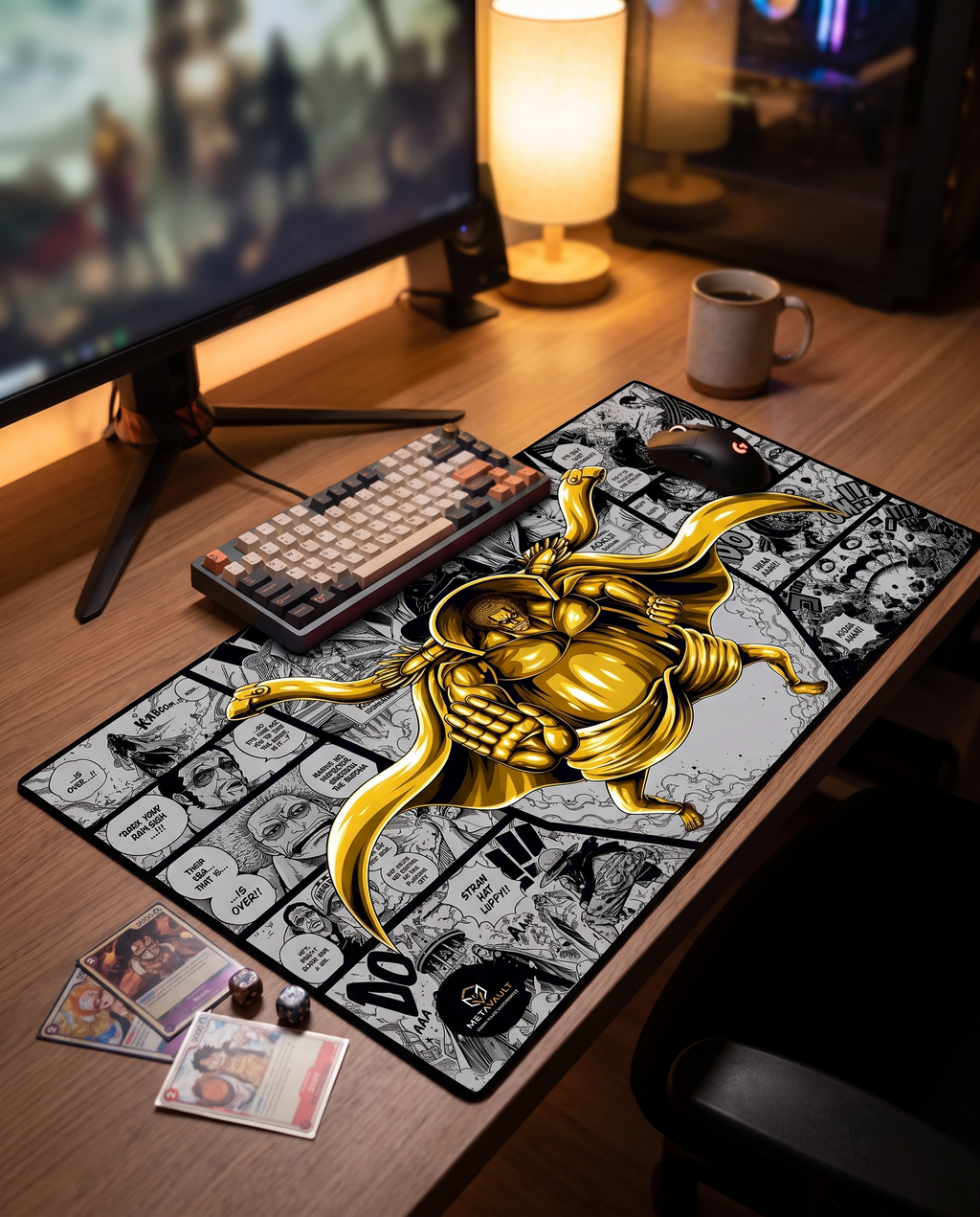 Sengoku One Piece playmat on a gaming desk setup with keyboard and cards