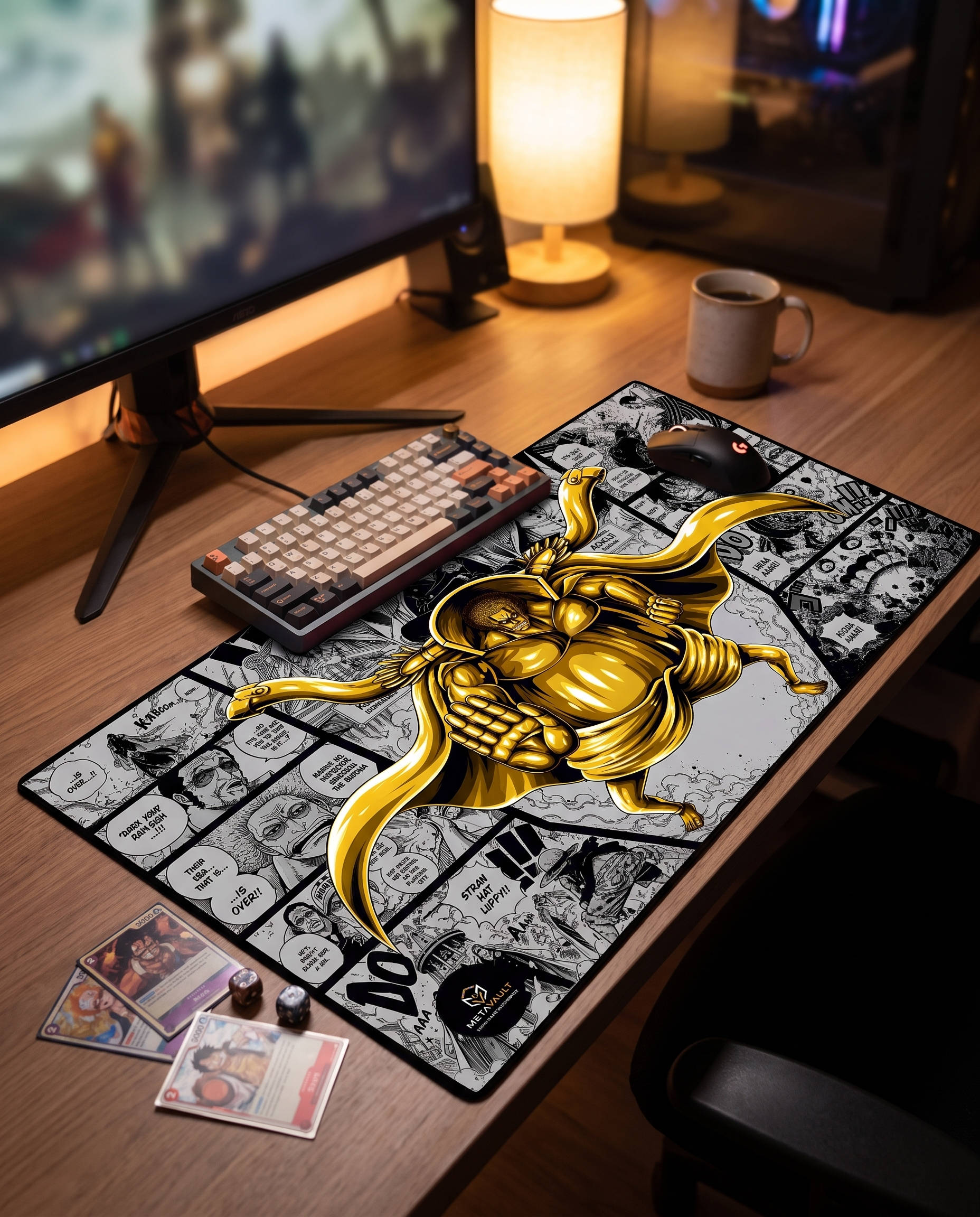 Sengoku One Piece playmat on a gaming desk setup with keyboard and cards