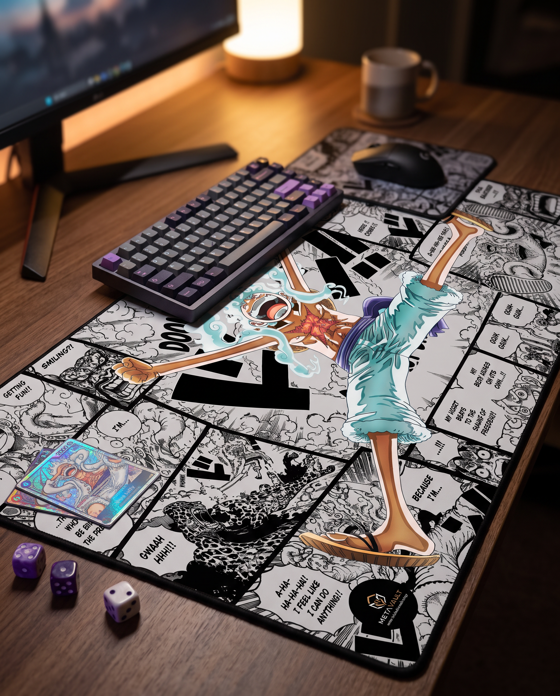 Luffy Gear 5 One Piece playmat on a gaming desk setup with keyboard and cards