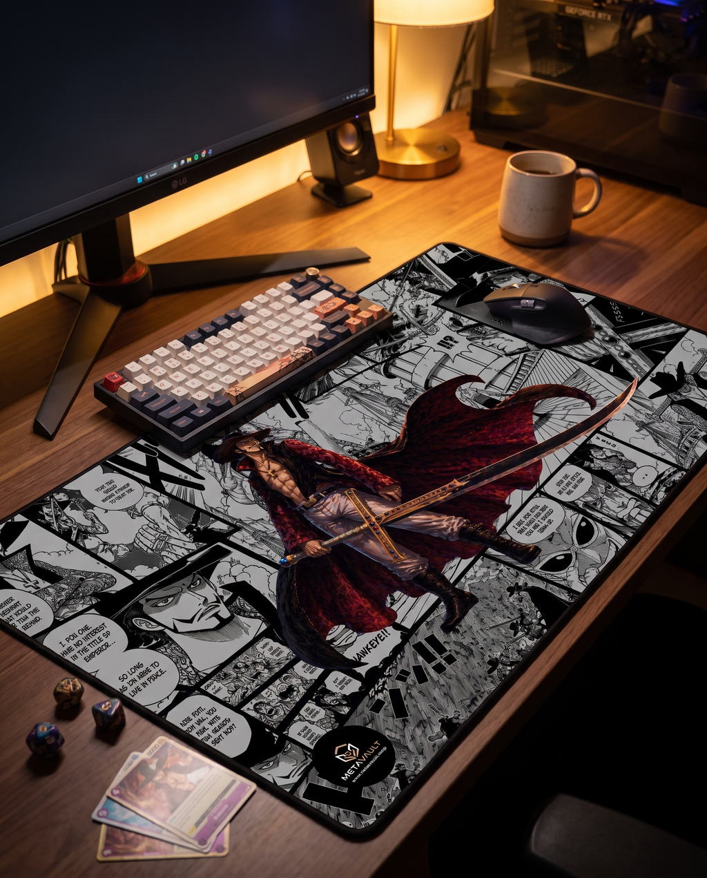 Mihawk One Piece playmat on a gaming desk setup with keyboard and cards