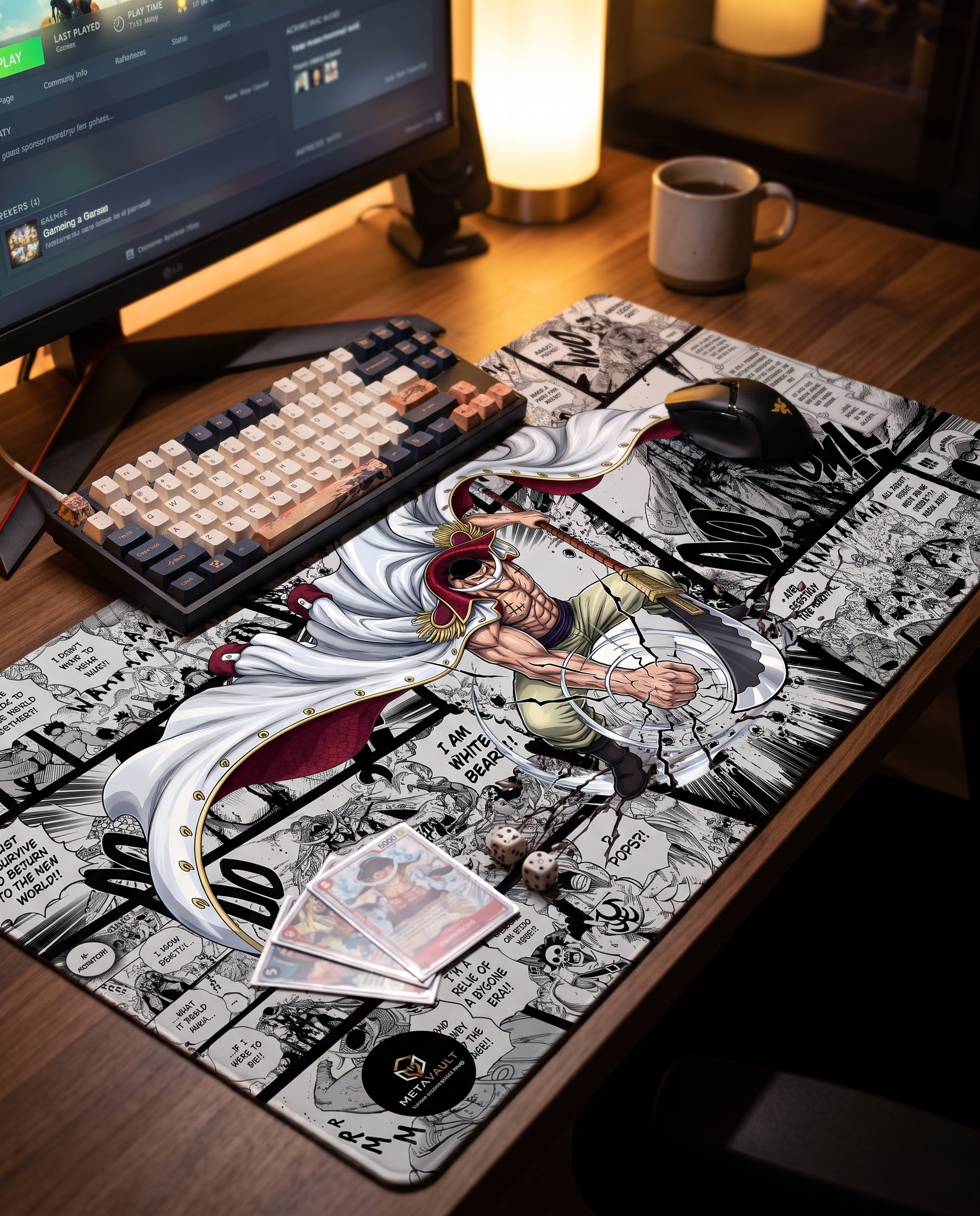Whitebeard One Piece playmat on a gaming desk setup with keyboard and cards