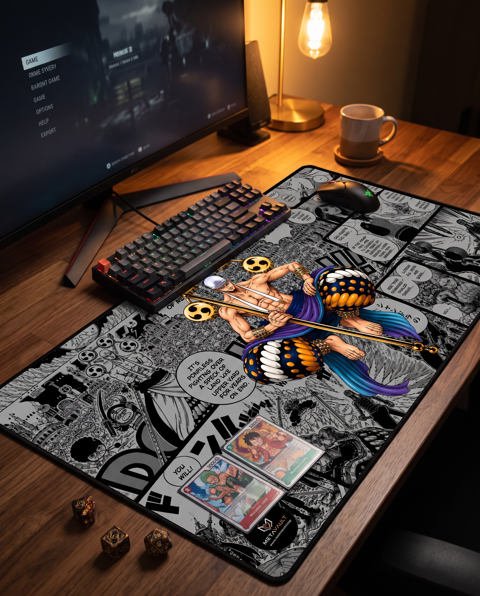 Enel One Piece playmat on a gaming desk setup with keyboard and cards