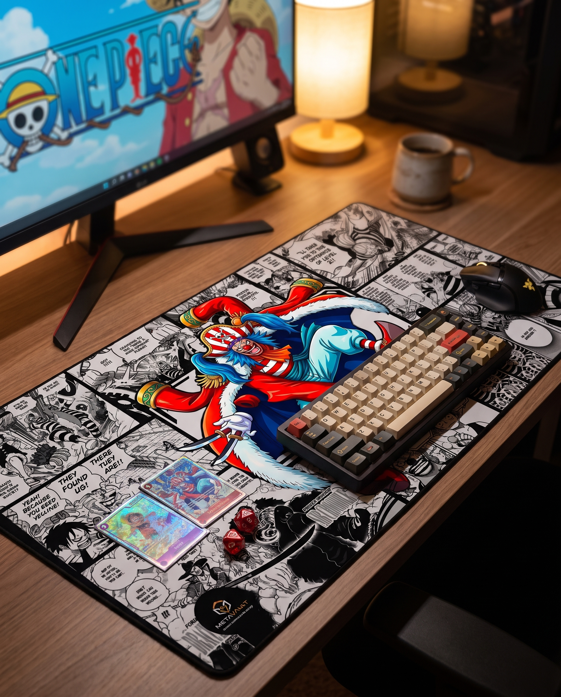 Buggy One Piece playmat on a gaming desk setup with keyboard and cards