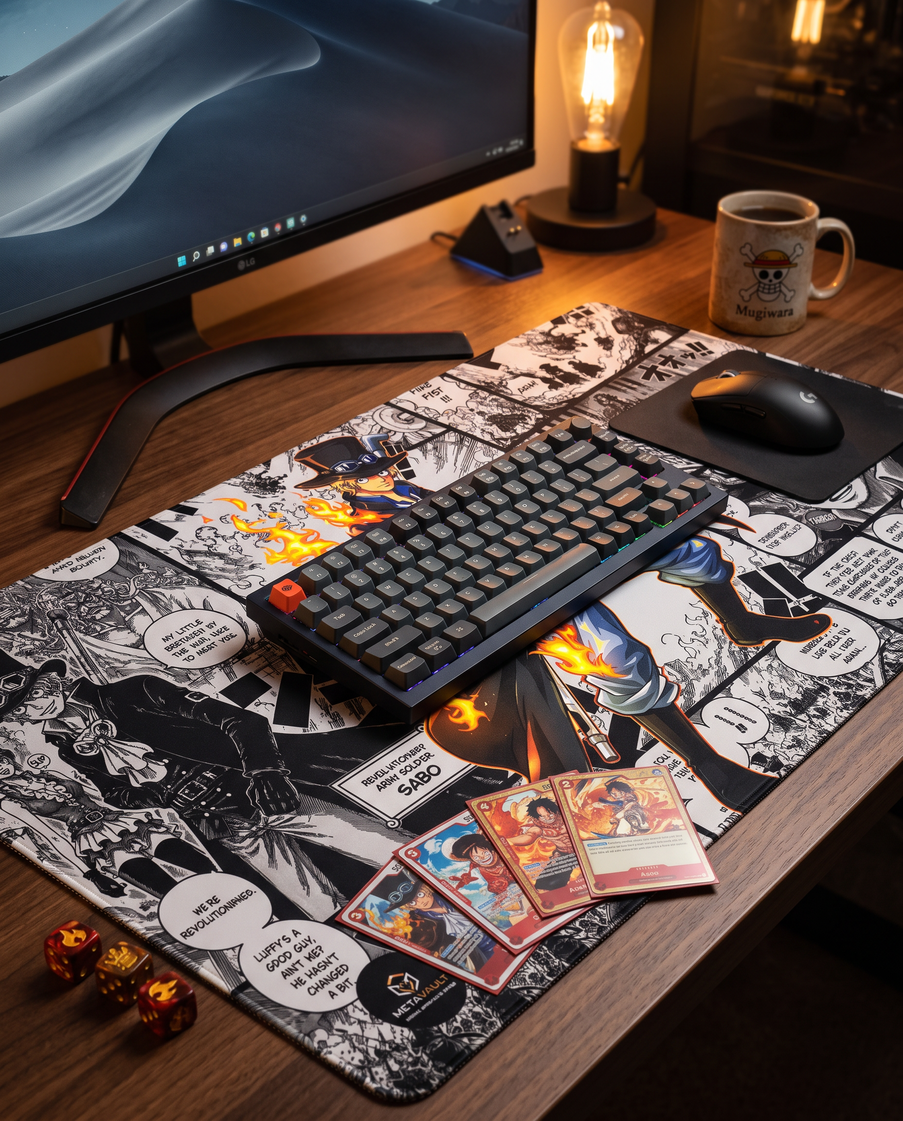 Sabo One Piece playmat on a gaming desk setup with keyboard and cards