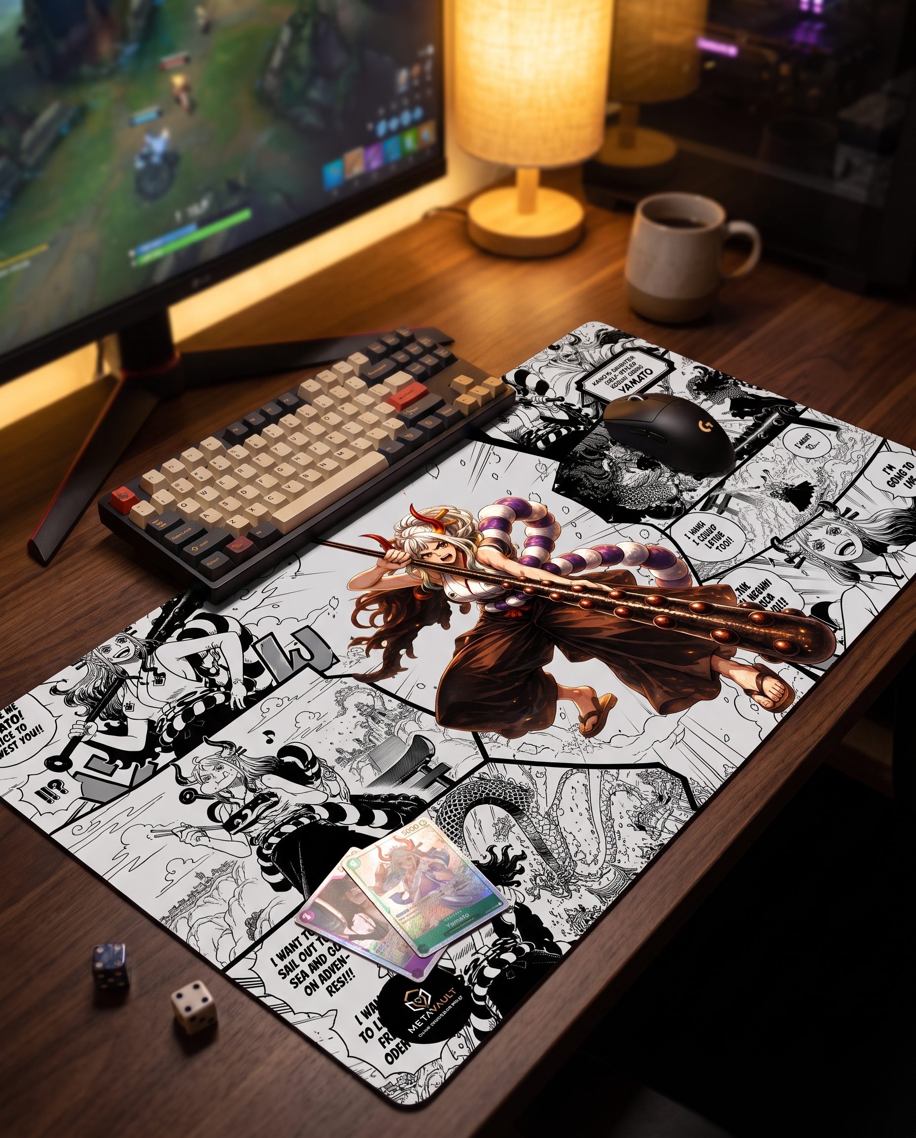 Yamato Oni Princess One Piece playmat on a gaming desk setup with keyboard and cards