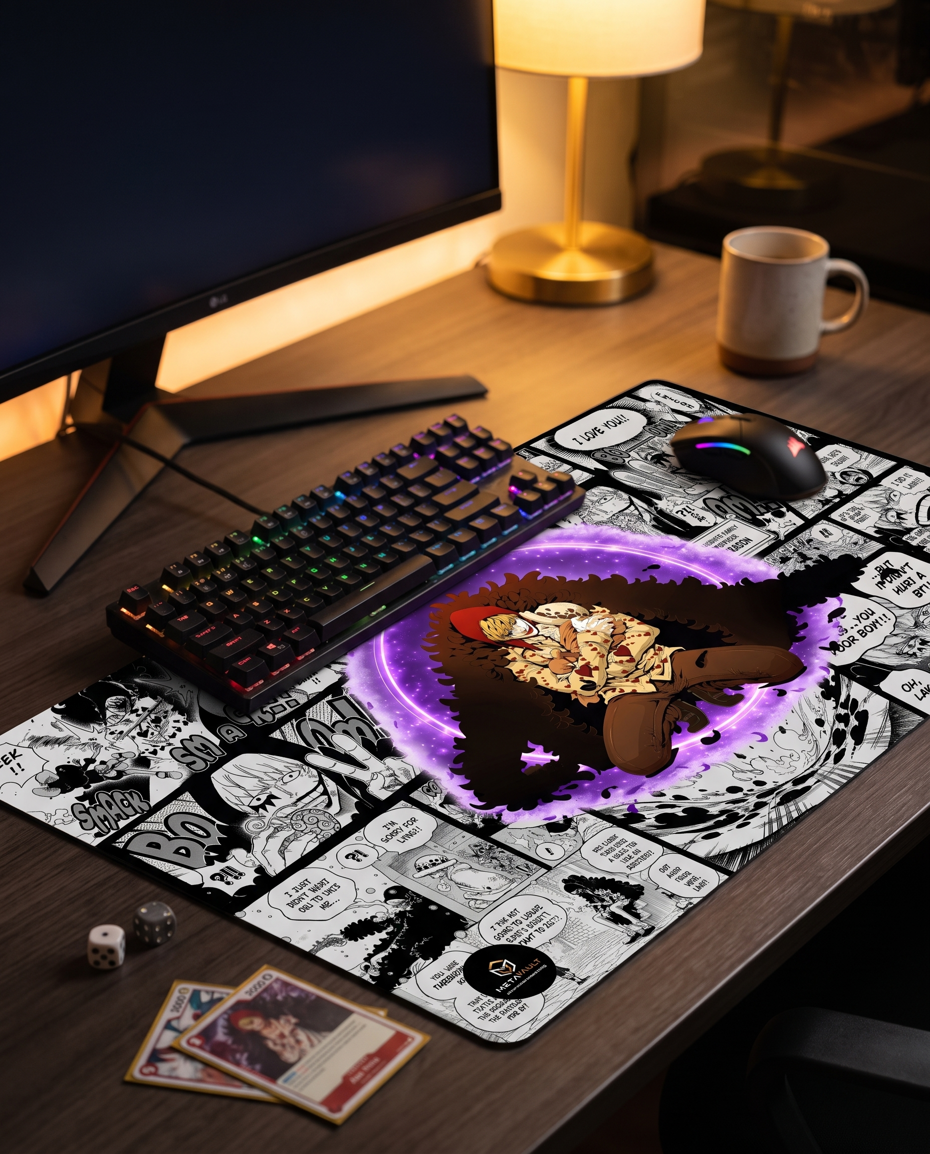 Rosinante Corazon One Piece playmat on a gaming desk setup with keyboard and cards