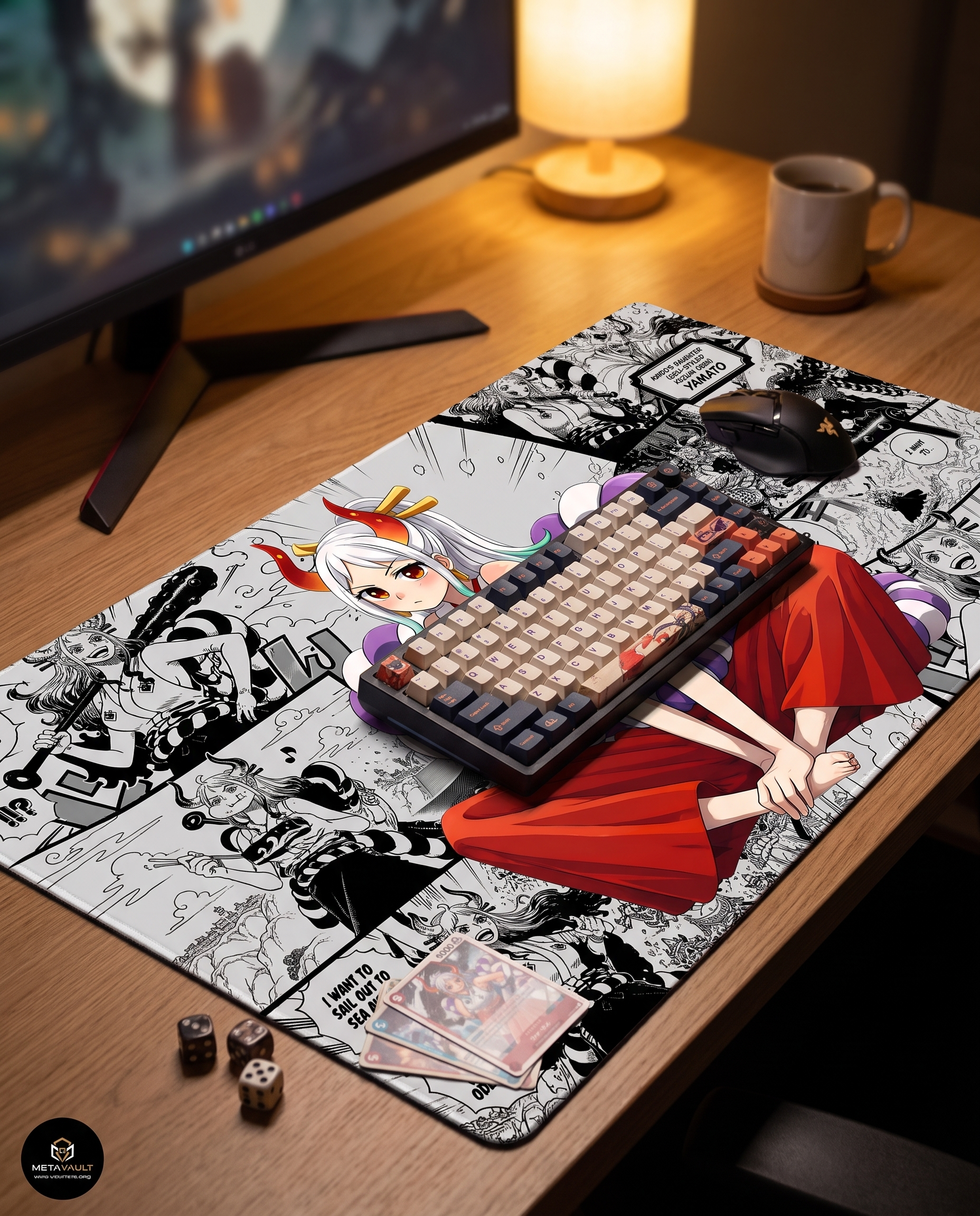 Yamato Manga Edition One Piece playmat on a gaming desk setup with keyboard and cards