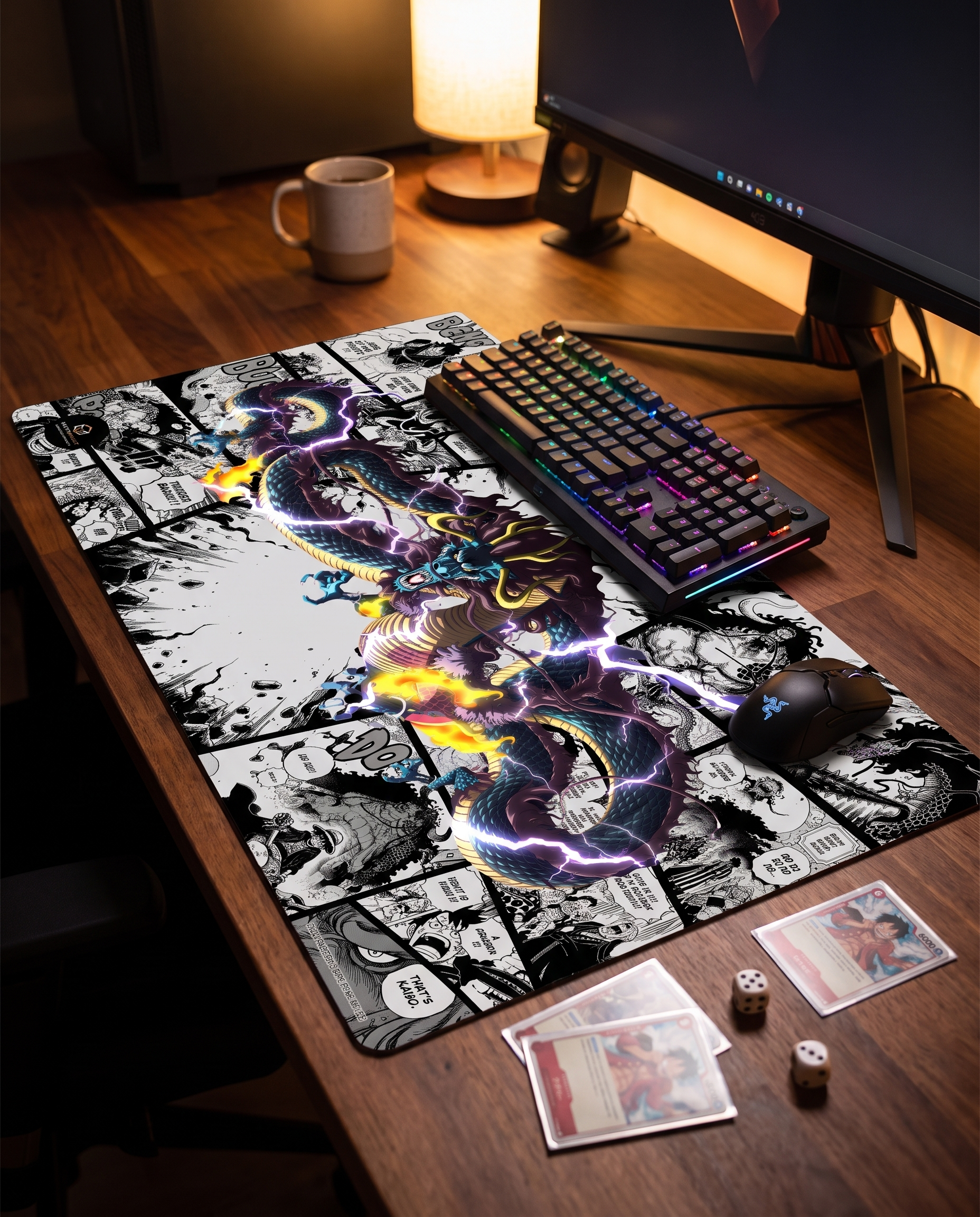 Kaido Dragon Form One Piece playmat on a gaming desk setup with keyboard and cards