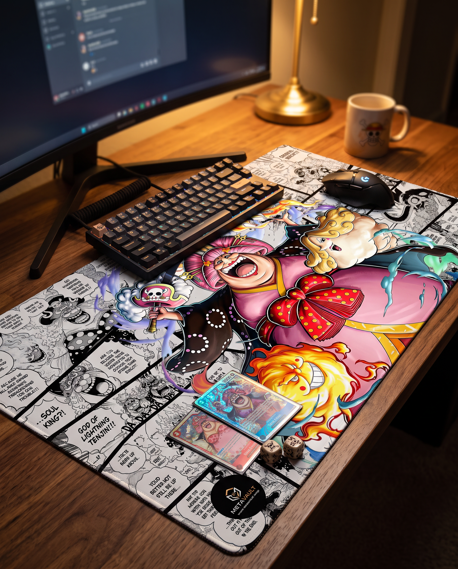 Big Mom One Piece playmat on a gaming desk setup with keyboard and cards