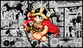 Monkey D. Luffy Elbaf premium One Piece TCG playmat featuring Luffy in his Viking-inspired outfit with an Elbaf manga collage background and stitched edges.