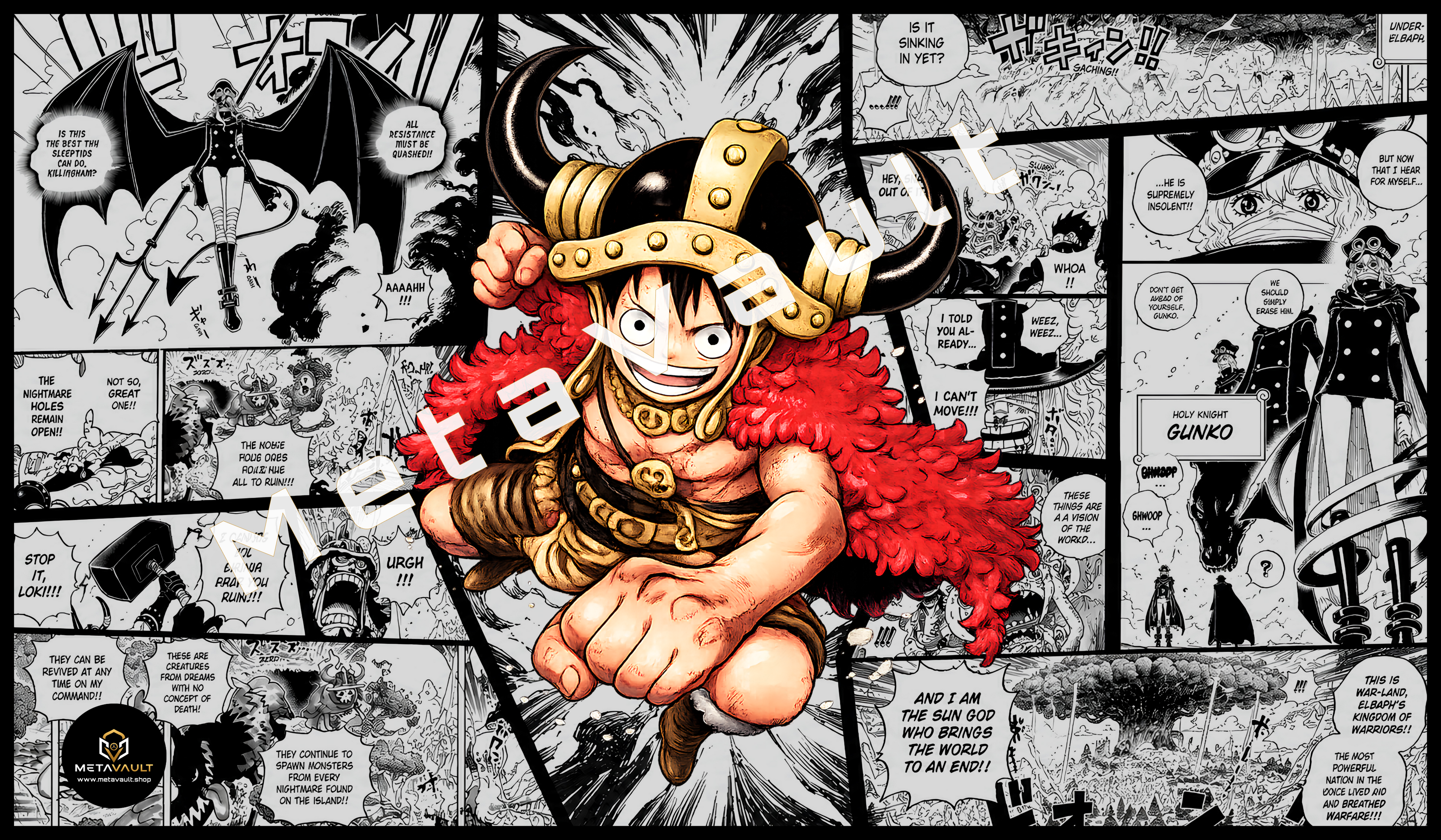 Monkey D. Luffy Elbaf premium One Piece TCG playmat featuring Luffy in his Viking-inspired outfit with an Elbaf manga collage background and stitched edges.