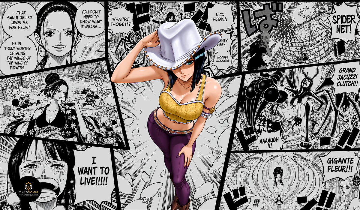 Nico Robin Manga Edition One Piece TCG playmat by MetaVault featuring full-color Robin artwork surrounded by black-and-white manga panels.