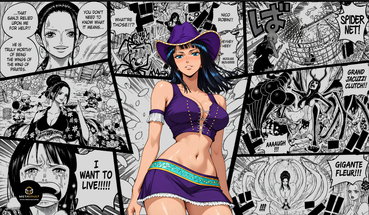 Nico Robin Purple Edition One Piece TCG playmat by MetaVault featuring Robin in purple surrounded by black-and-white manga artwork.