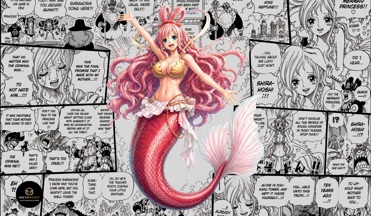 Princess Shirahoshi Manga Edition One Piece TCG playmat by MetaVault featuring full-color Shirahoshi artwork surrounded by black-and-white manga panels.