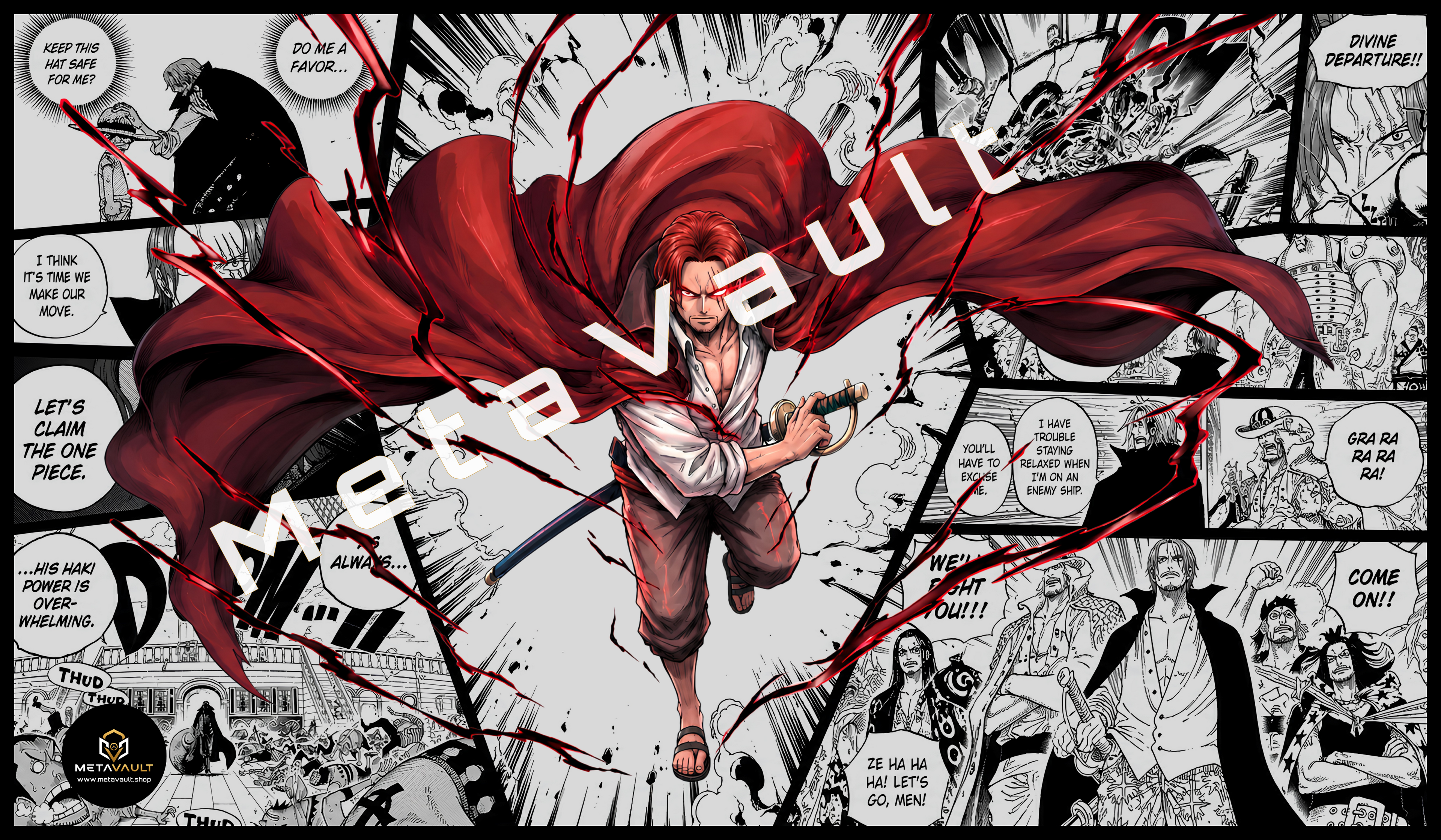 Red-Haired Shanks premium One Piece TCG playmat featuring Conqueror’s Haki effects over a black-and-white manga collage with stitched edges.