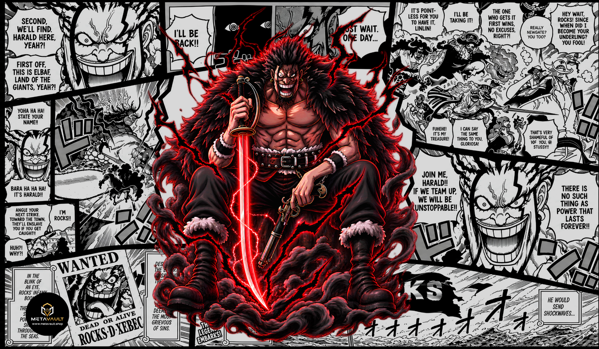 Rocks D. Xebec Manga Edition One Piece TCG playmat by MetaVault featuring full-color Rocks artwork, red energy effects and black-and-white manga panels.