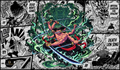 Roronoa Zoro Asura Manga Edition One Piece TCG playmat by MetaVault featuring Zoro wielding multiple swords with green energy effects and black-and-white manga panels.