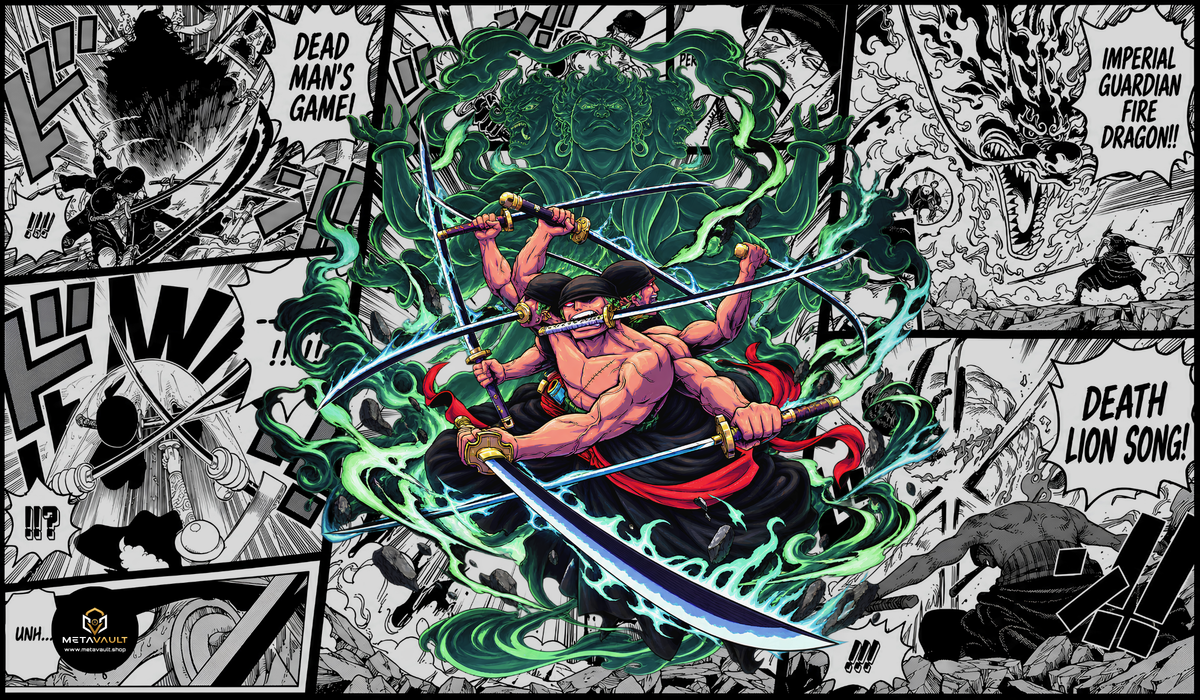 Roronoa Zoro Asura Manga Edition One Piece TCG playmat by MetaVault featuring Zoro wielding multiple swords with green energy effects and black-and-white manga panels.