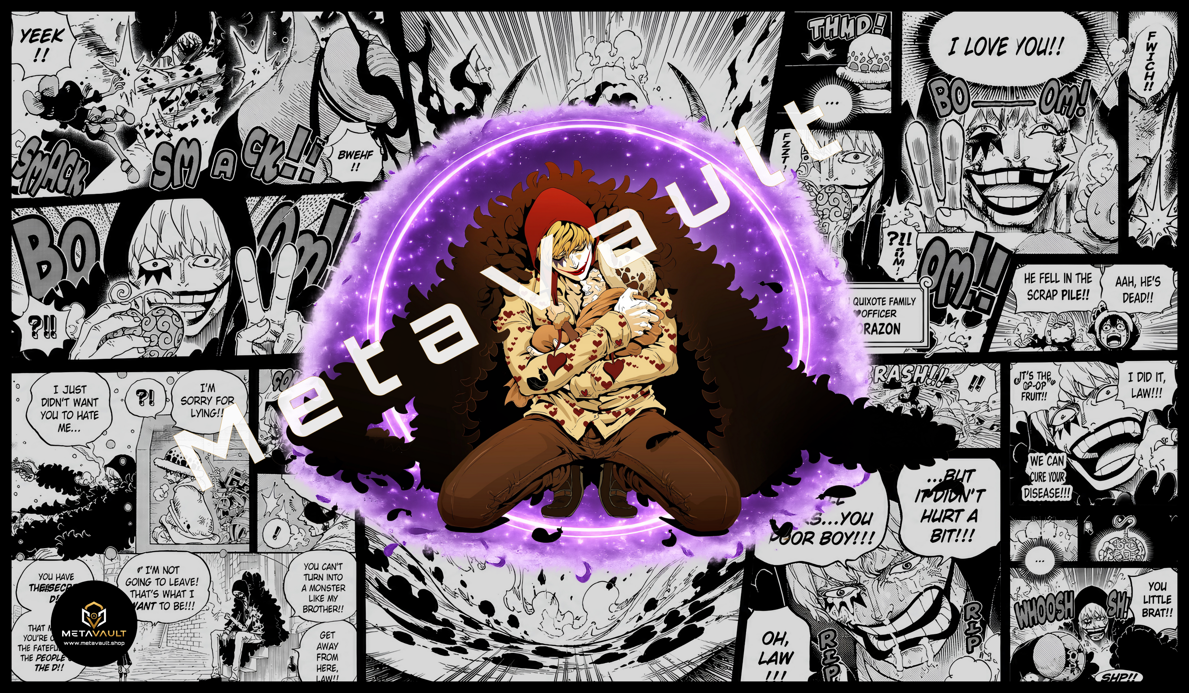 Rosinante Corazon premium One Piece TCG playmat featuring an emotional full-color illustration with a black-and-white manga collage background and stitched edges.