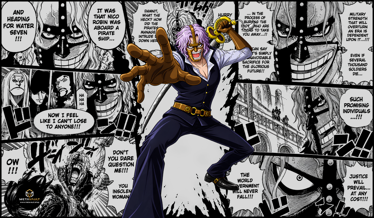 Spandam Manga Edition One Piece TCG playmat by MetaVault featuring full-color Spandam artwork surrounded by black-and-white CP9 manga panels.