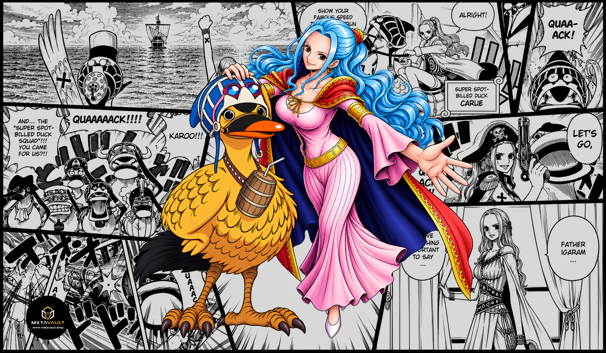 Vivi and Karoo Manga Edition One Piece TCG playmat by MetaVault featuring Nefertari Vivi and Karoo surrounded by black-and-white manga artwork.
